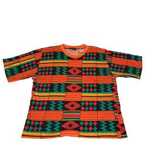 Vintage 90s Kente Tribal African Print Color Block Hippie Orange Green Shirt